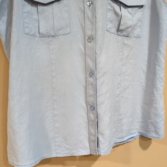 Anna & Frank Womens L 100% Silk Sleeveless Collared Blouse Blue Top Pockets - Picture 9 of 10